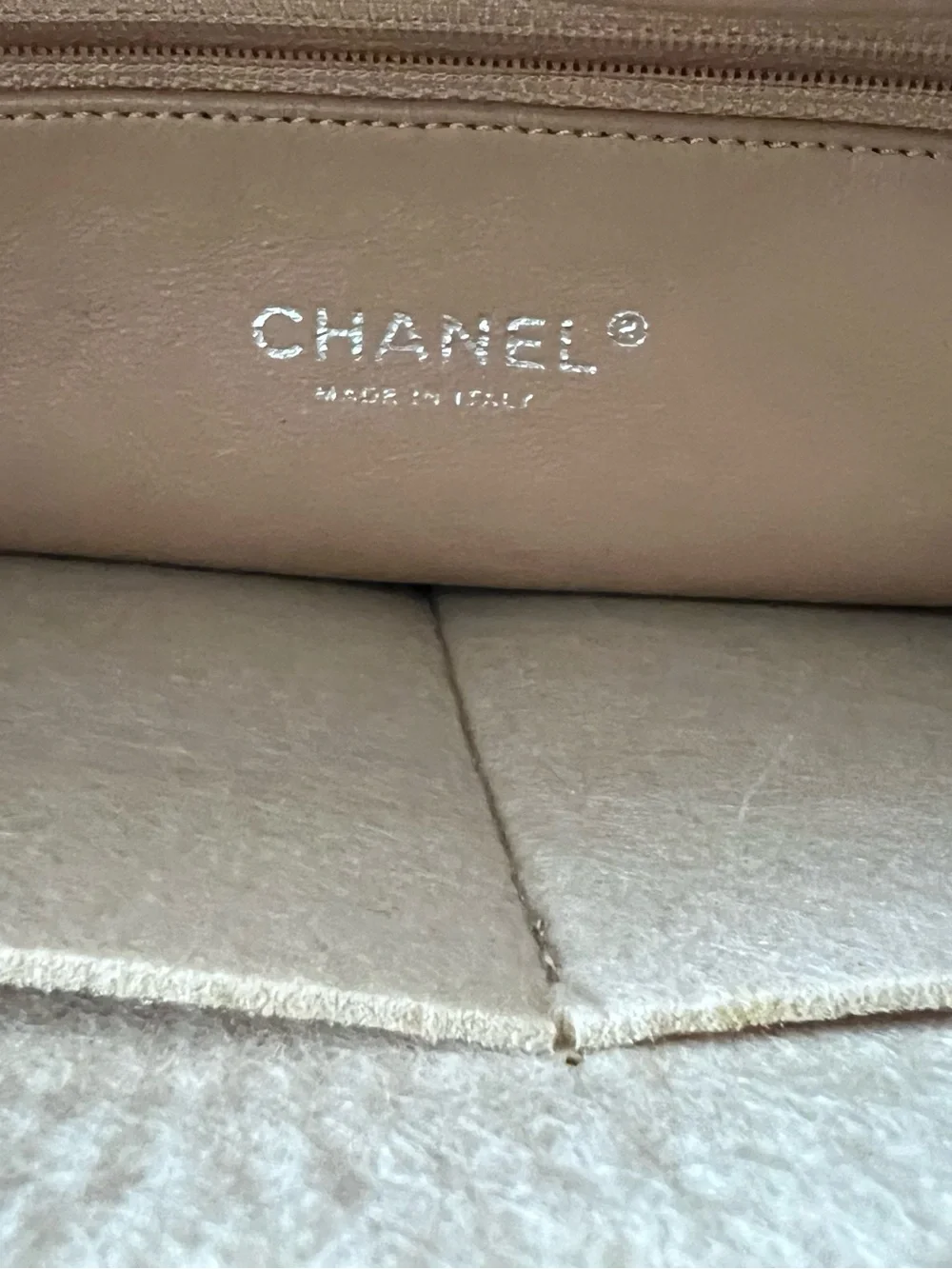 CHANEL Beige Leather Chain-Trim Satchel Bag